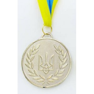 Медаль спортивная с лентой UKRAINE d-6,5см с укр. символикой C-4339-2 место 2-серебро (металл, 40g)